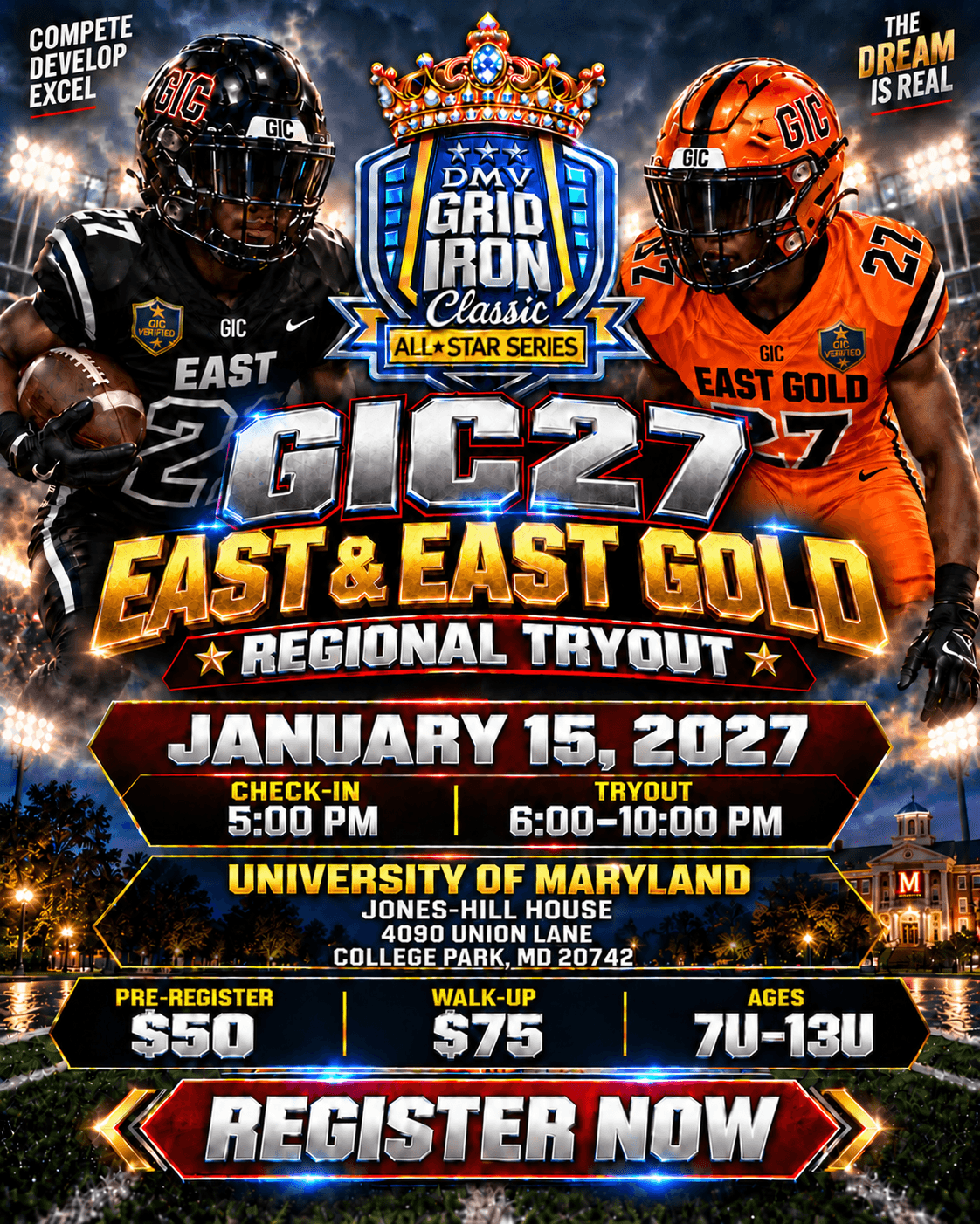 GIC27 East & East Gold Regional Tryout poster โ Friday, January 15, 2027 at University of Maryland โ Jones-Hill House