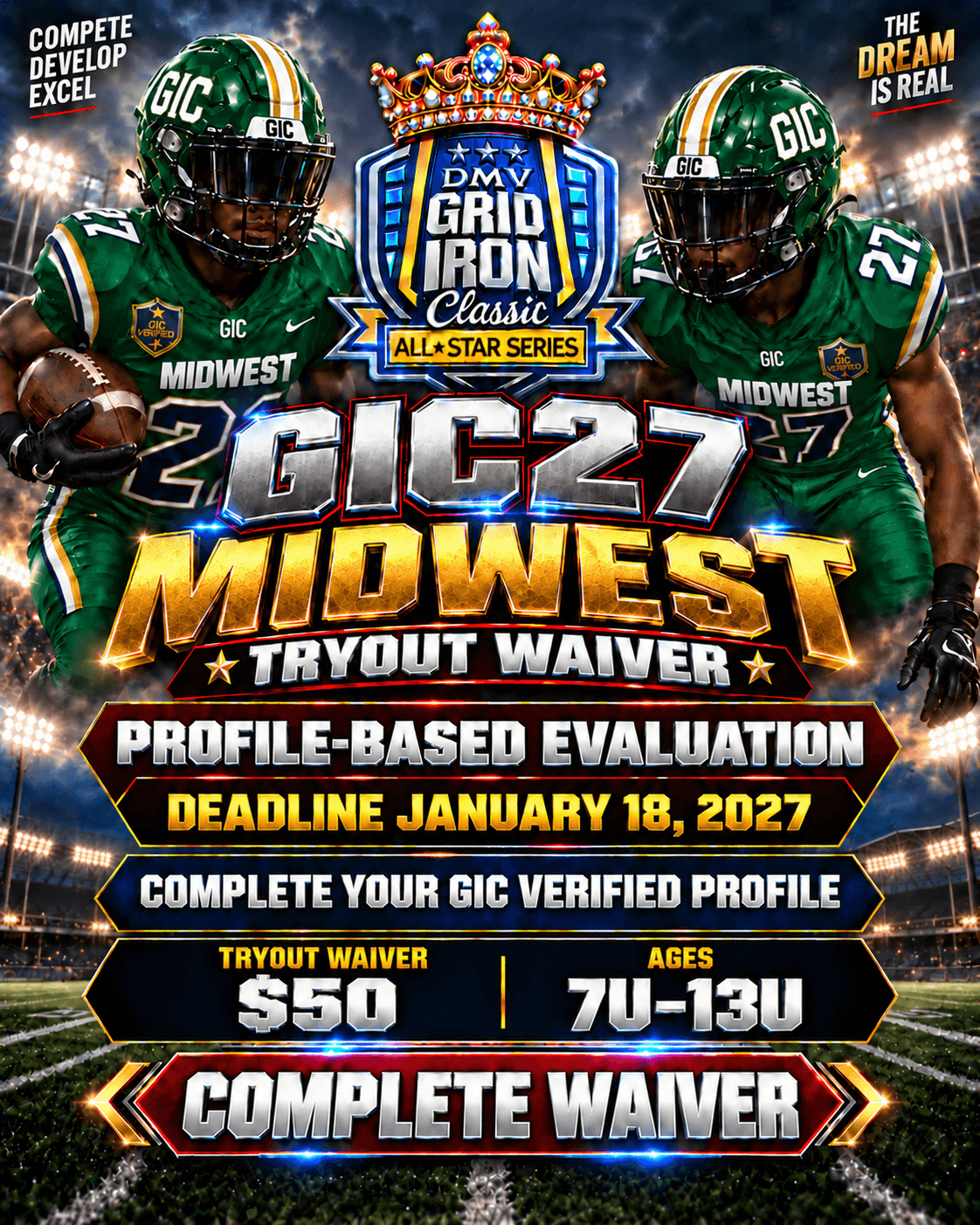 GIC27 Midwest Tryout Waiver poster โ waiver deadline January 18, 2027